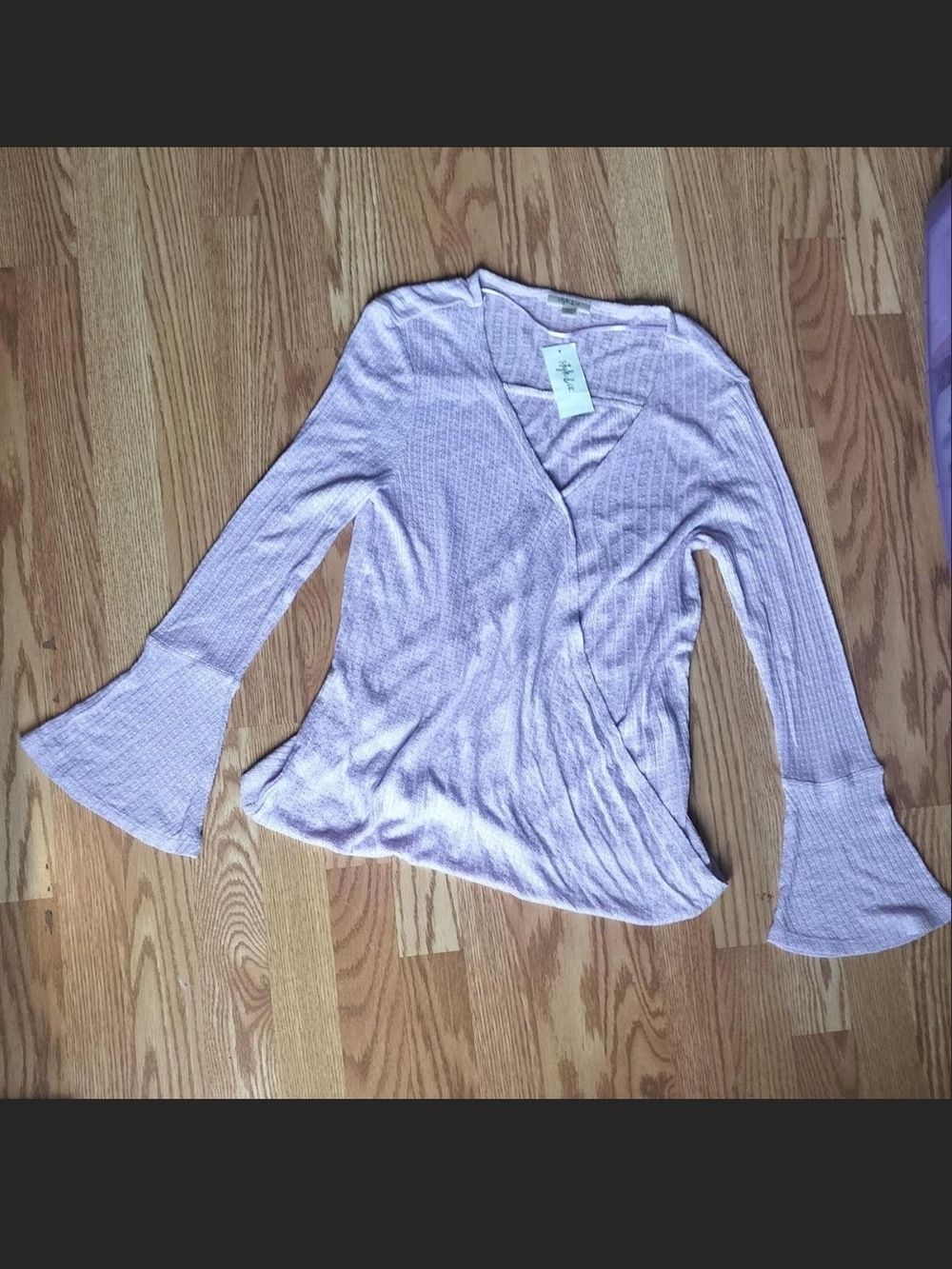 Lavender Wrap-Front Ribbed Bell-Sleeve Top